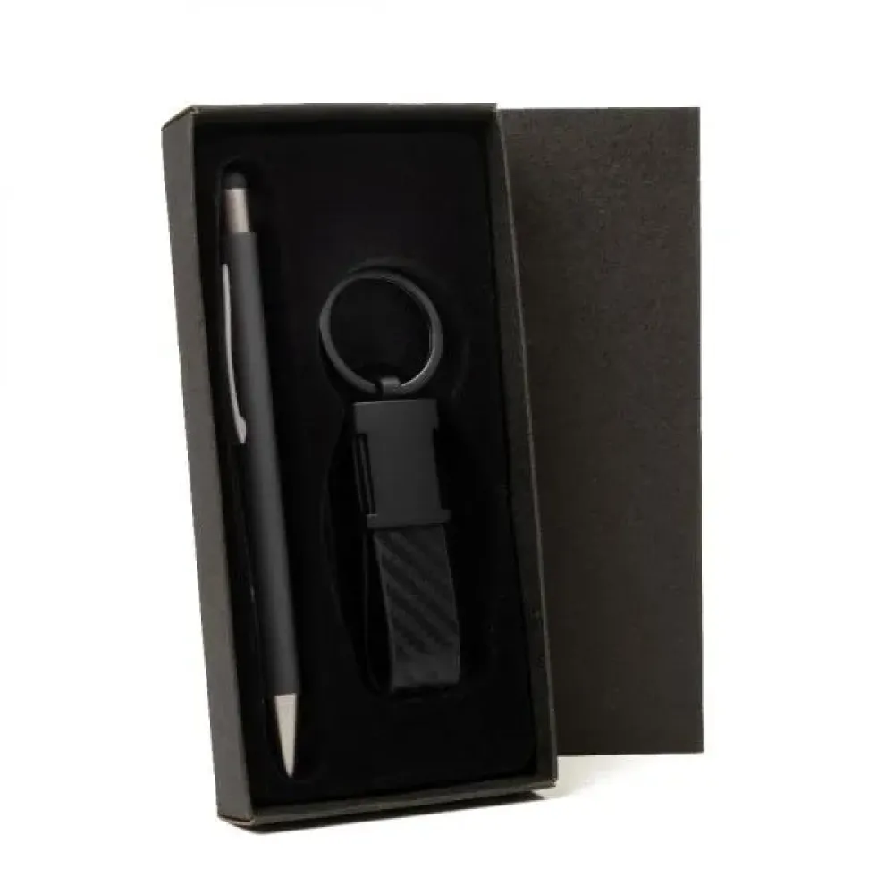 CANETA E CHAVEIRO EM METAL CINZA