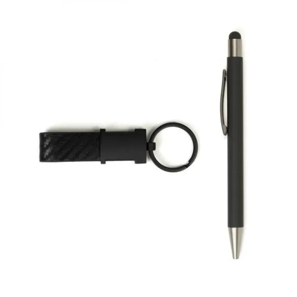 CANETA E CHAVEIRO EM METAL CINZA