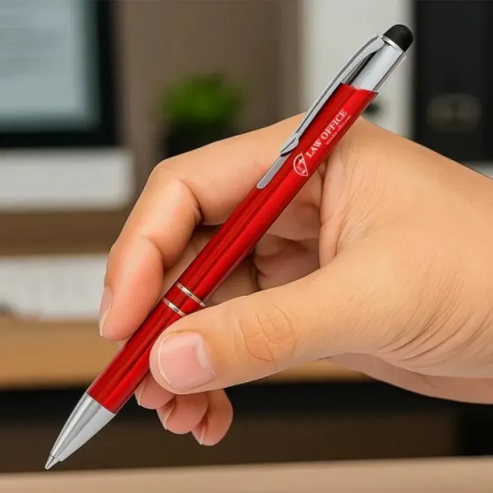CANETA ESFEROGRÁFICA EM ALUMÍNIO COM PONTA TOUCH VERMELHA