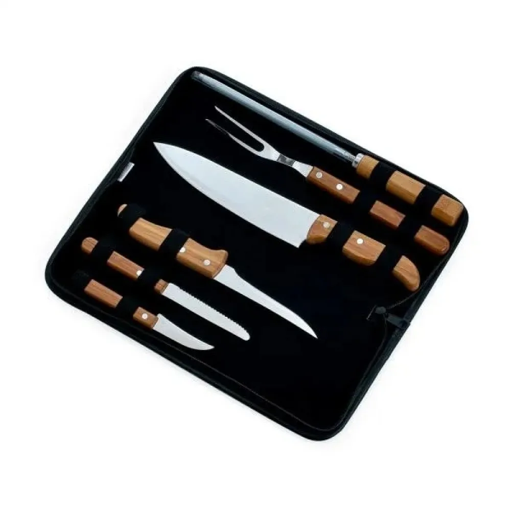 KIT DE FACAS, GARFO E CHAIRA INOX / BAMBU COM ESTOJO