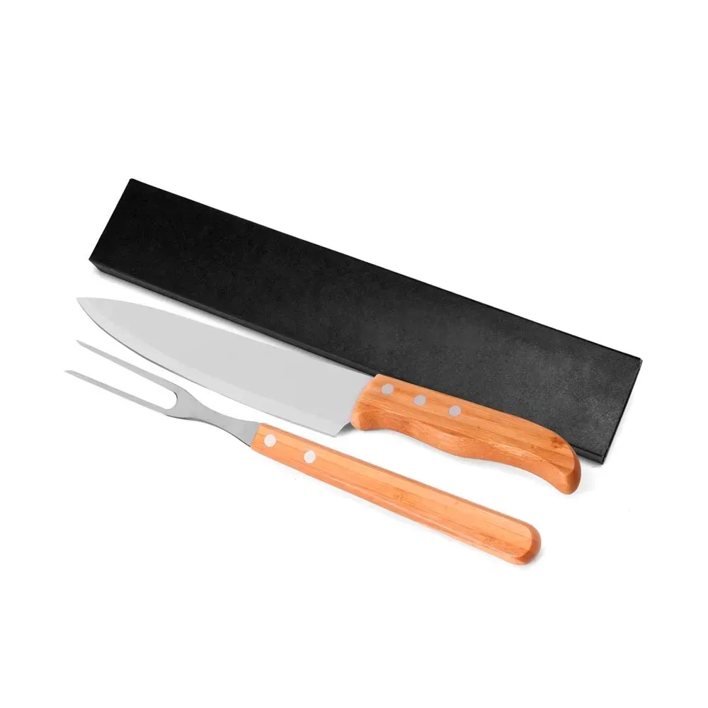 CONJ. DE GARFO E FACA 8" EM BAMBU / MADEIRA / INOX - 2 PÇS-KF-90833