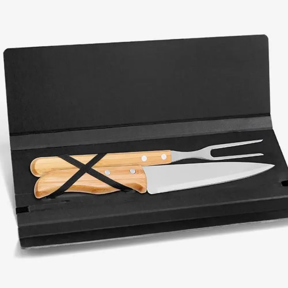 CONJ. DE GARFO E FACA INOX / MADEIRA / BAMBU COM ESTOJO PRETO - 3 PÇS