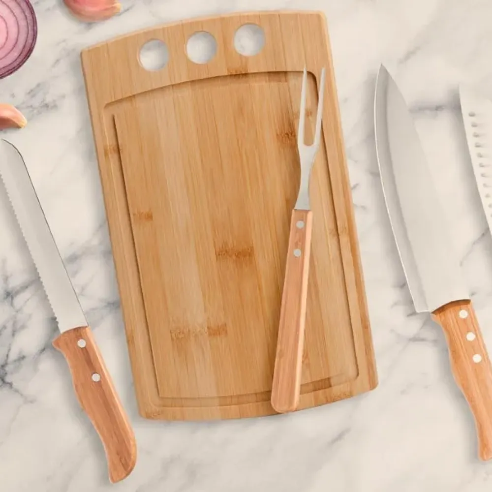 CONJ. PARA CHURRASCO/COZINHA EM BAMBU/INOX - 5 PÇS