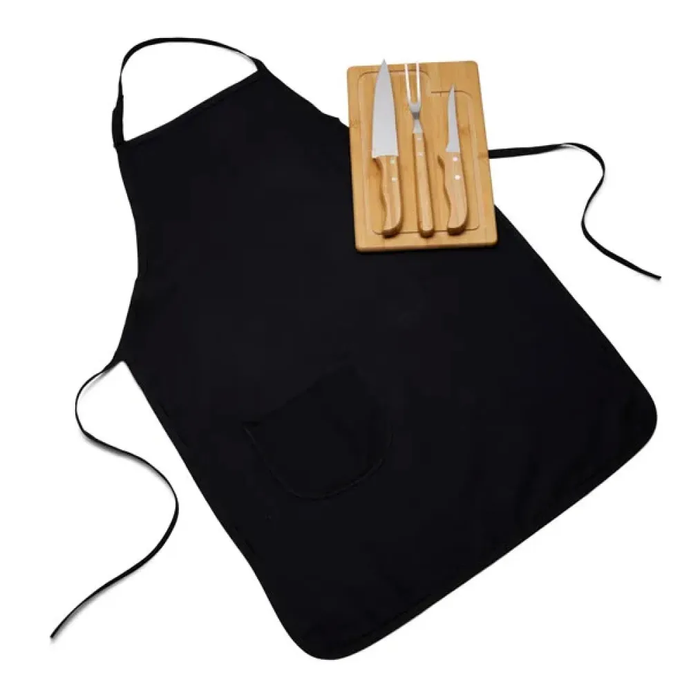 Kit Churrasco e Caipirinha 14 Peças – Personalizado com Tábuas em Bambu, Avental e Utensílios em Ino