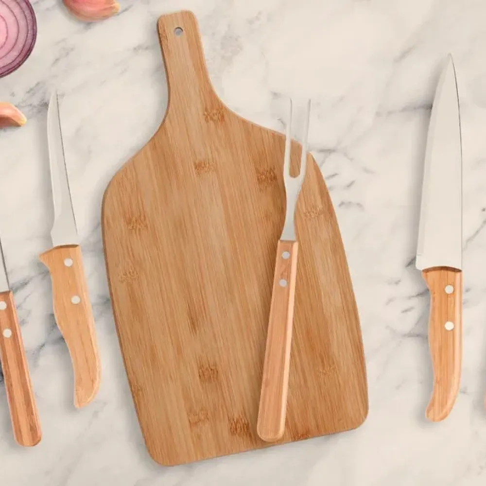 CONJ. PARA COZINHA EM BAMBU / INOX - 6 PÇS