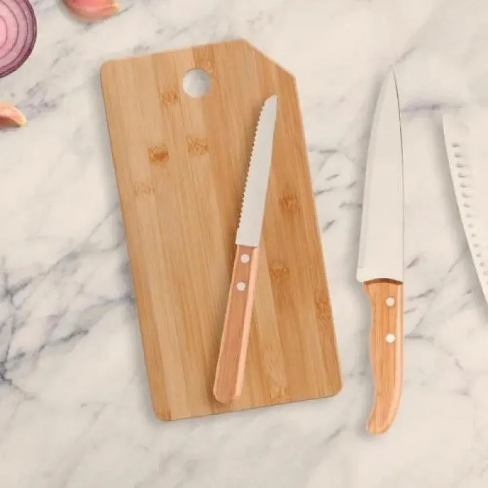 KIT COZINHA EM BAMBU COM TÁBUA E FACA SANTOKU - 4 PÇS