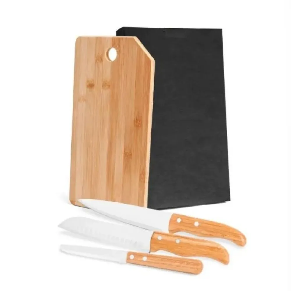 KIT COZINHA EM BAMBU COM TÁBUA E FACA SANTOKU - 4 PÇS-MB-20643