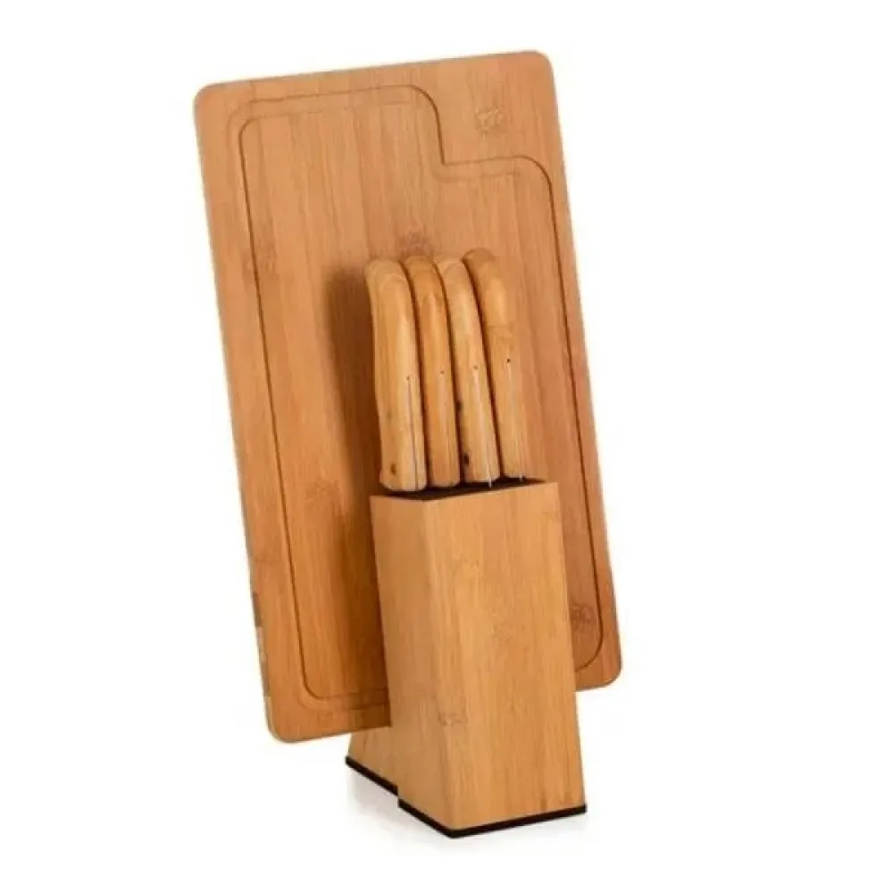 CONJUNTO PARA COZINHA COM CEPO EM BAMBU / INOX - 6 PÇS