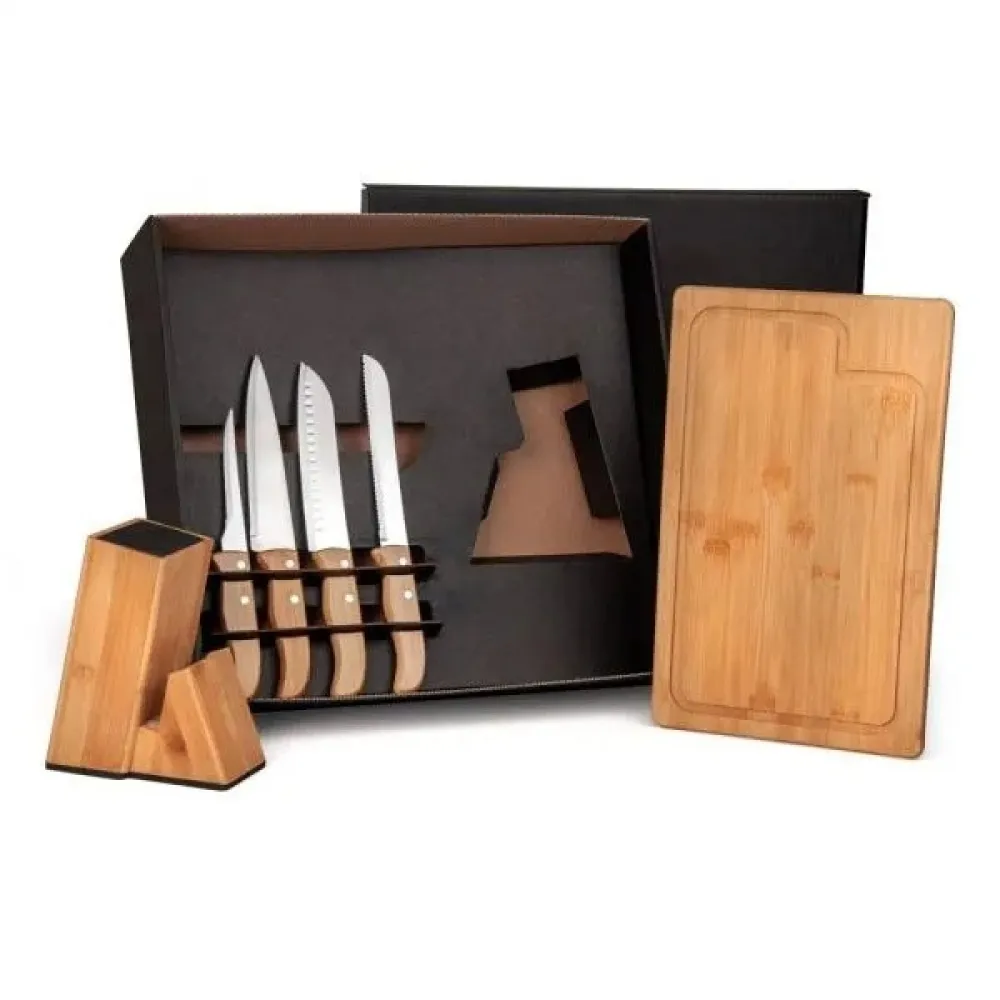 CONJUNTO PARA COZINHA COM CEPO EM BAMBU / MADEIRA / INOX - 6 PÇS