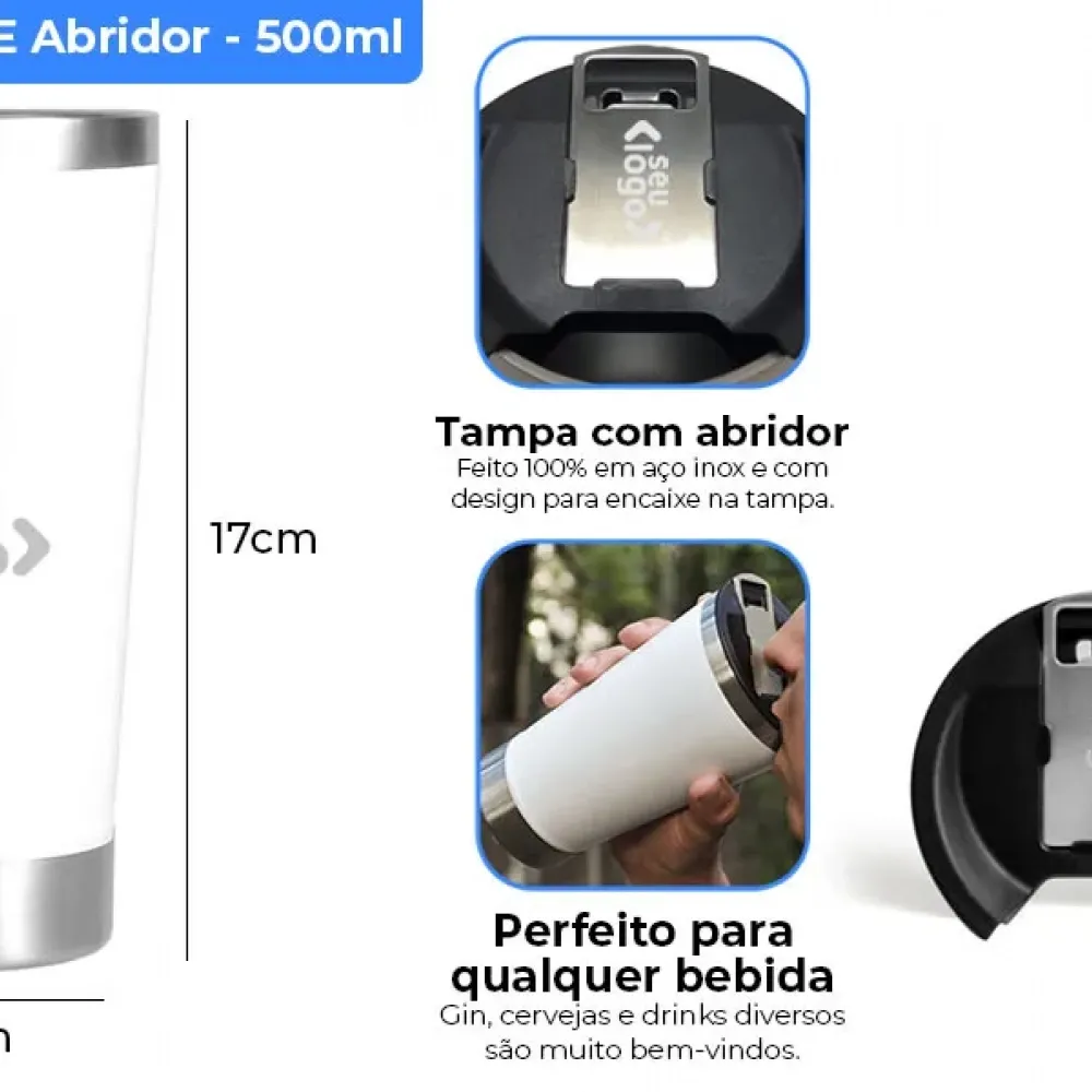 COPO TÉRMICO C/ TAMPA E ABRIDOR - BRANCO - 500 ML