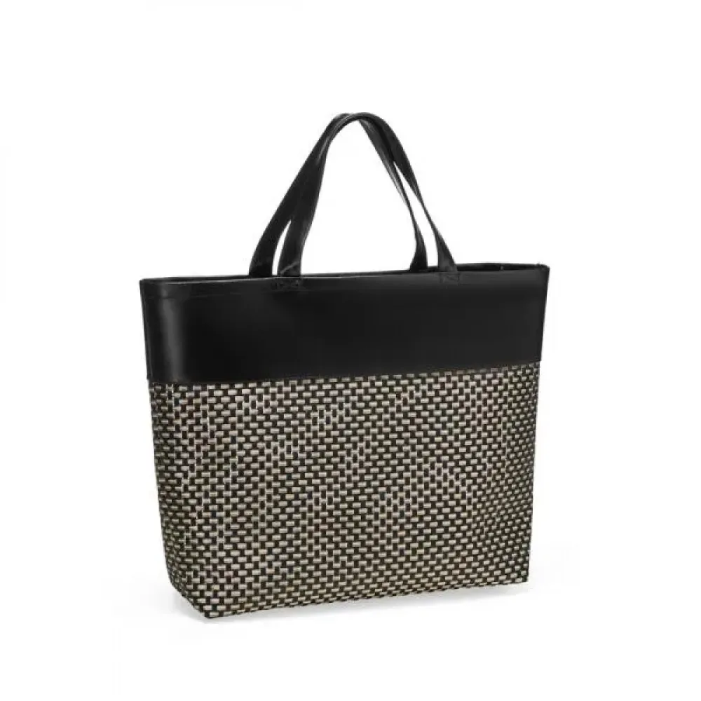 SACOLA EM PVC E COURO SINTÉTICO - PRETO/XADREZ