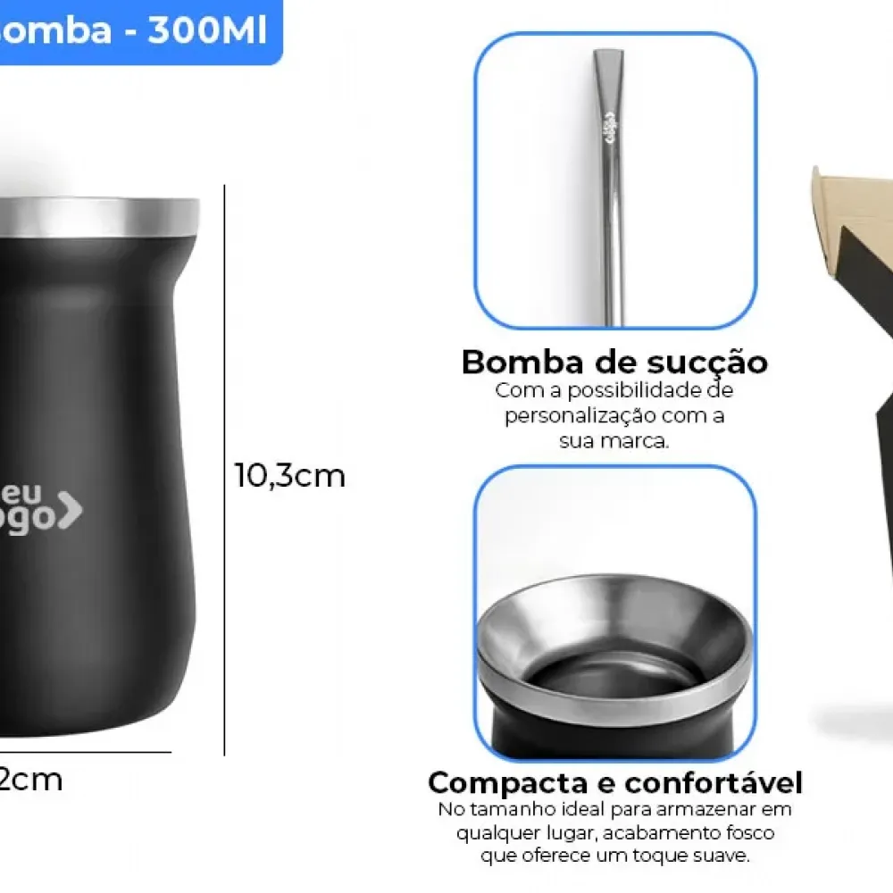 CUIA TÉRMICA EM AÇO INOX COM BOMBA - PRETO - 300ML PRETO