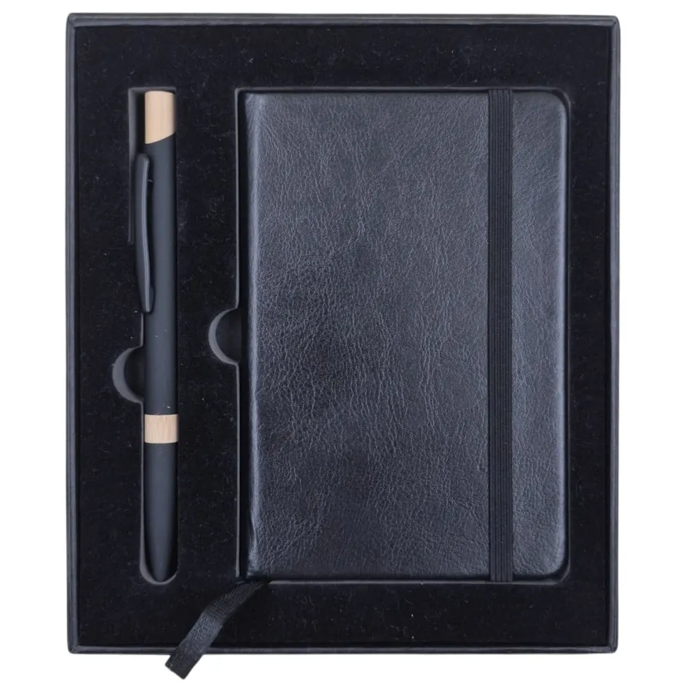 Caderneta Couro Sintético A6 e Caneta com Detalhe em Bambu-A6-6+23150RB+BOX