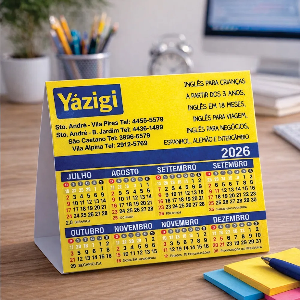 Calendário de mesa, Couche 300 grs, Total brilho, 95x46mm
