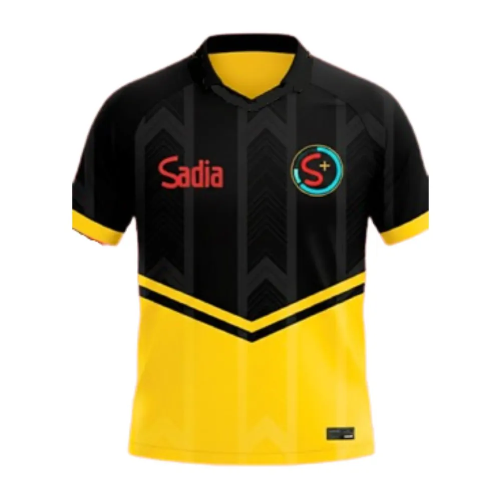 Camiseta manga curta com gola polo em retilínea preta e gola V sublimada 100% em tecido Dry.-I 0001D