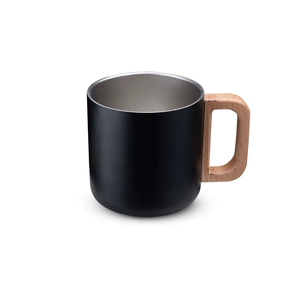 Caneca térmica com alça em madeira