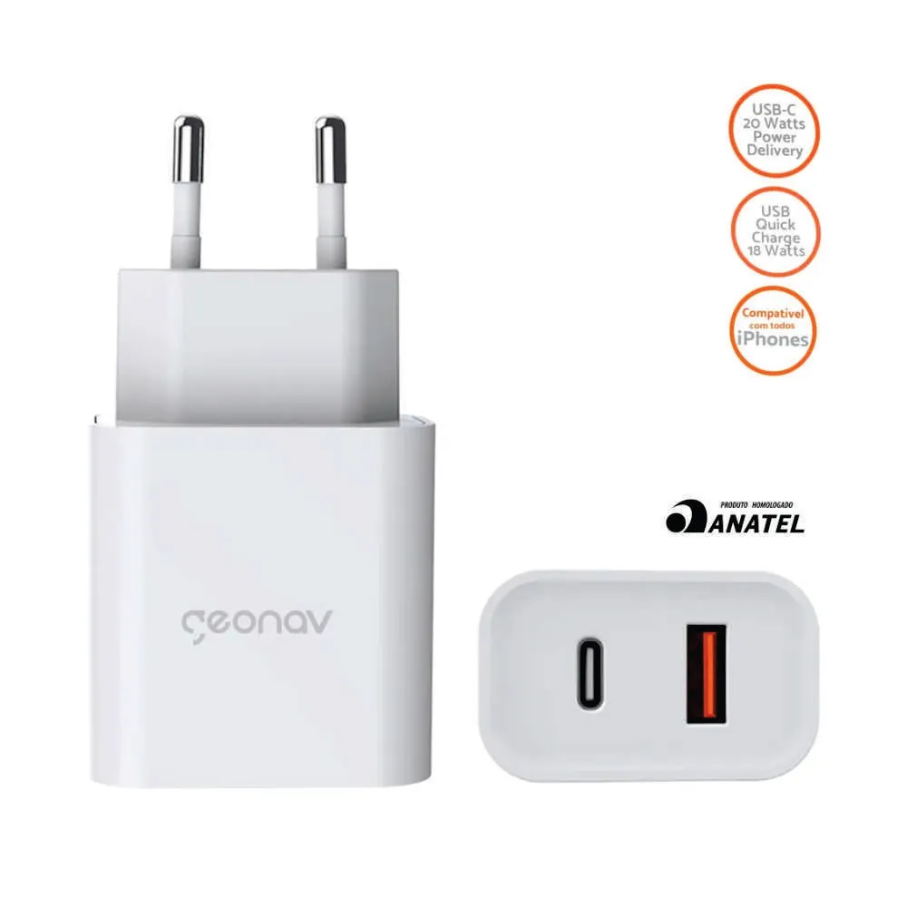 Carregador Ultrarrápido Duplo Power Delivery 20w Quick Charge 18w CH20PDQC Geonav Branco