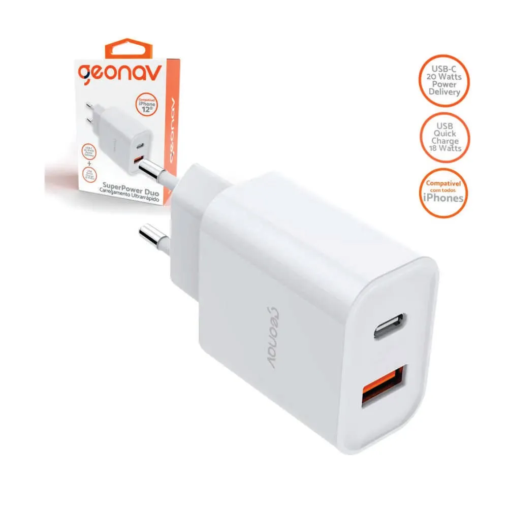 Carregador Ultrarrápido Duplo Power Delivery 20w Quick Charge 18w CH20PDQC Geonav Branco