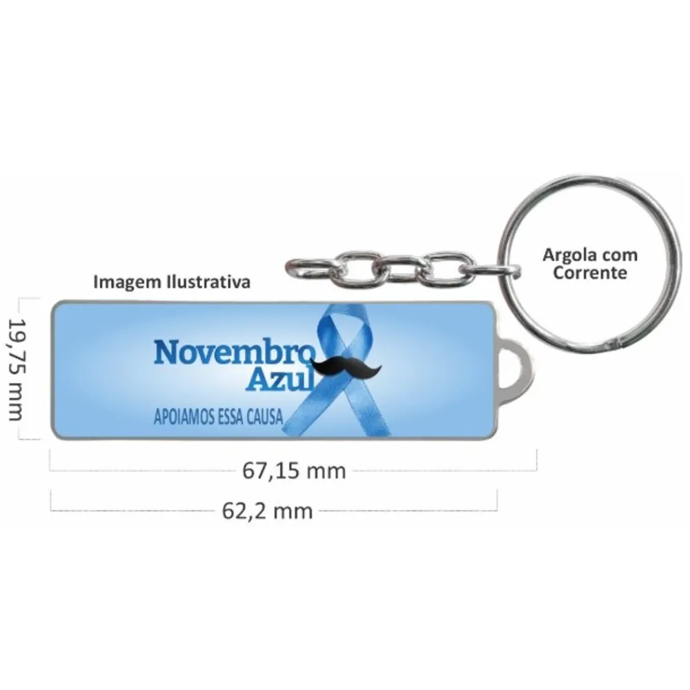 Chaveiro de metal retangular, com corrente e argola-111NK