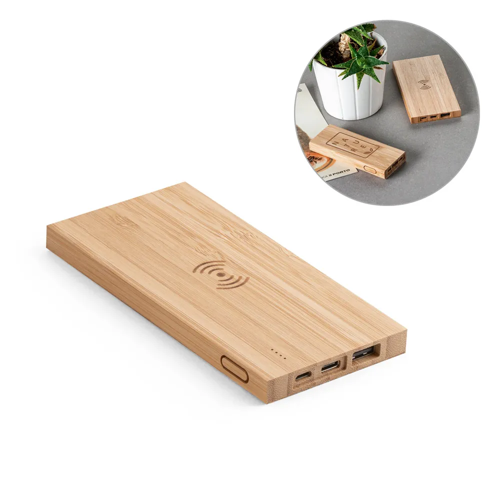 FITCH ECO. Bateria portátil com carregador wireless super-rápido em bambu 5 000 mAh