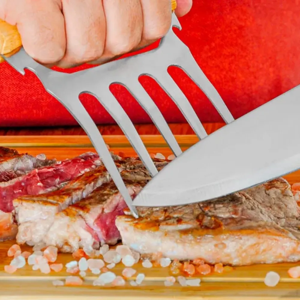 GARFO COM 5 DENTES EM MADEIRA - INOX - 11,5X14,5CM