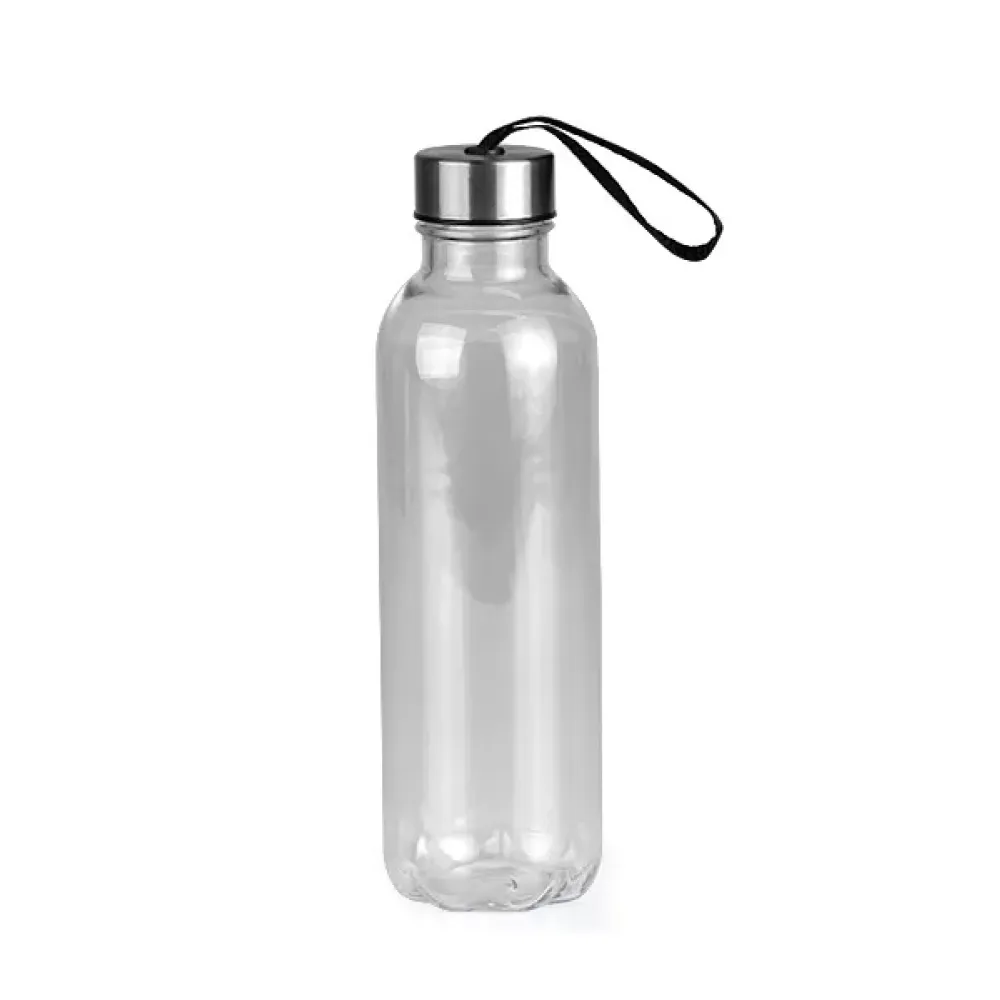 GARRAFA PLÁSTICA TRANSPARENTE COM TAMPA EM AÇO INOX E CORDÃO PRETO – 600ML