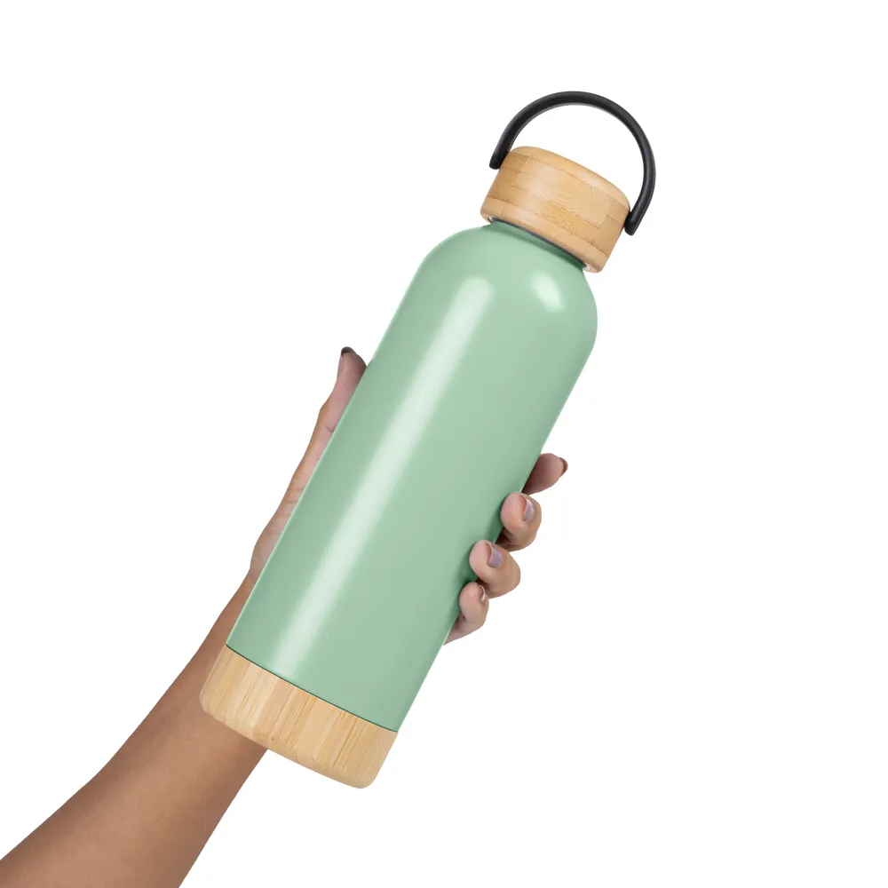 Garrafa Parede Dupla Com Detalhes Em Bambu - Verde - 500 Ml