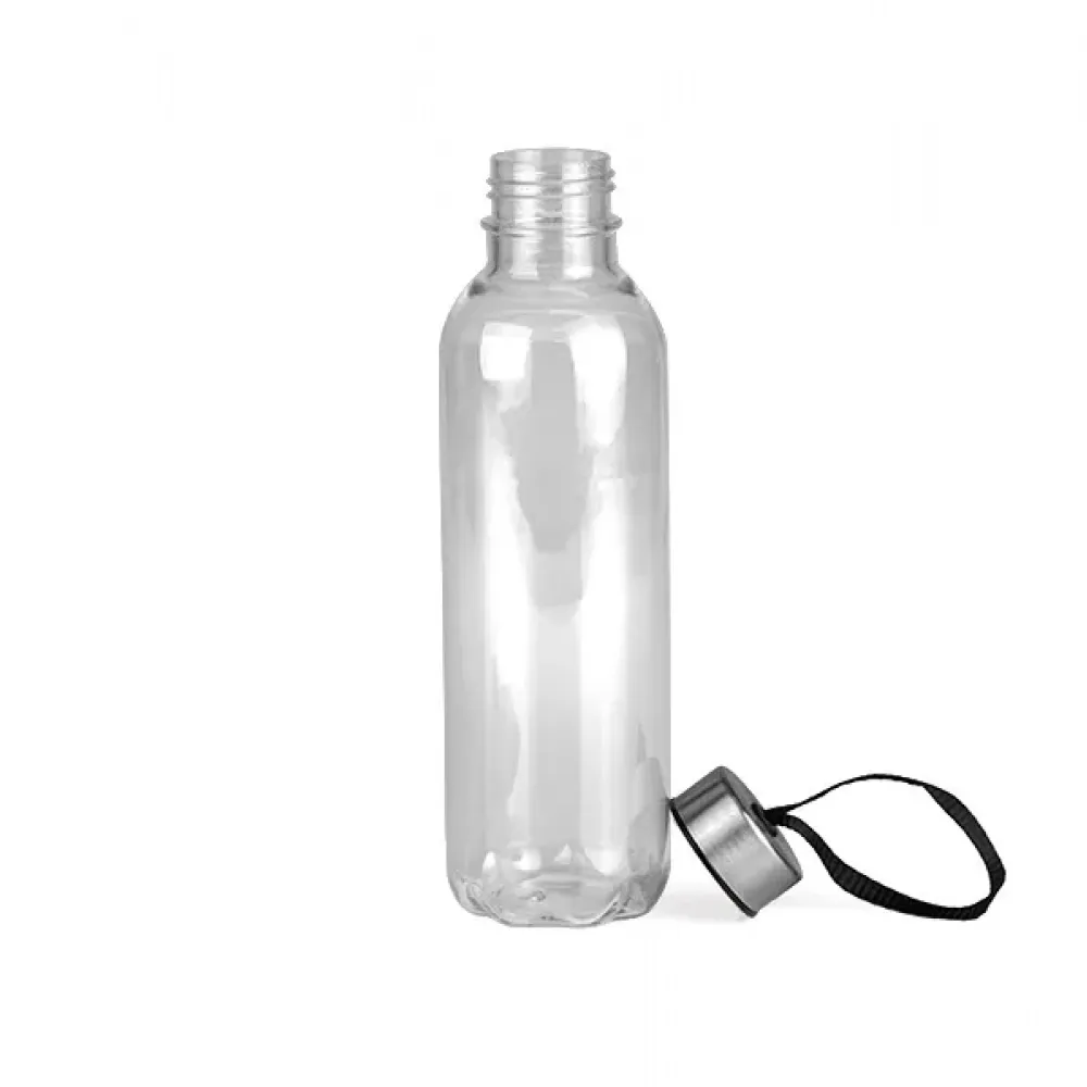 GARRAFA PLÁSTICA TRANSPARENTE COM TAMPA EM AÇO INOX E CORDÃO PRETO - 600ML