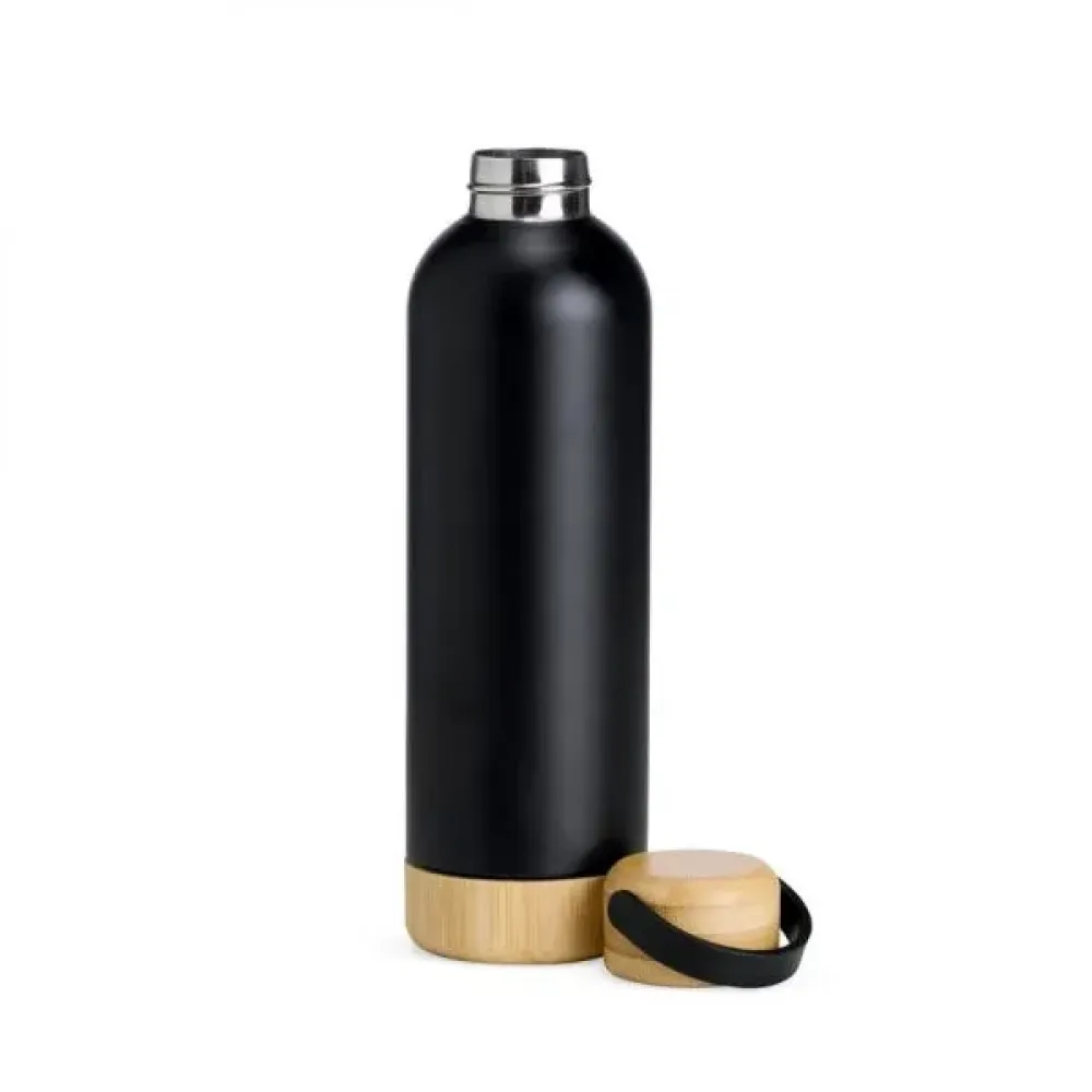 GARRAFA PAREDE DUPLA COM DETALHES EM BAMBU - PRETA - 500 ML