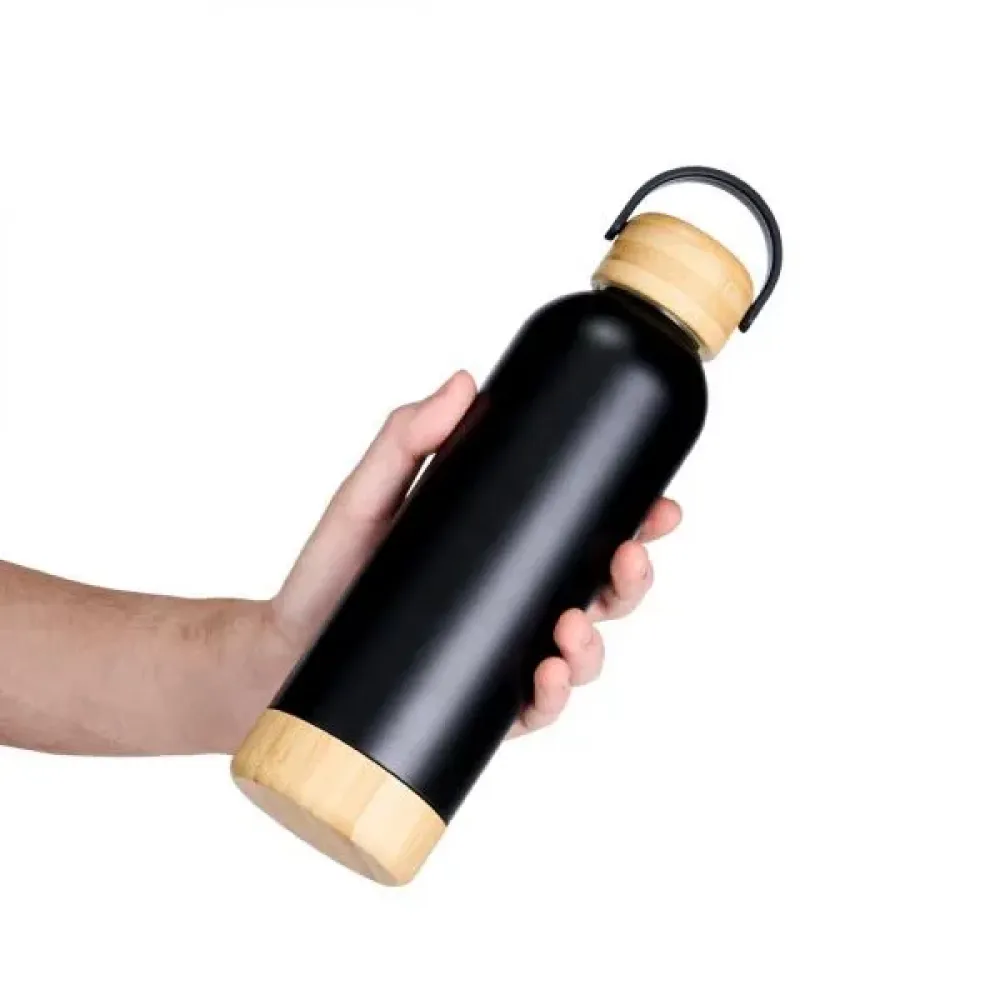 GARRAFA PAREDE DUPLA COM DETALHES EM BAMBU - PRETA - 500 ML