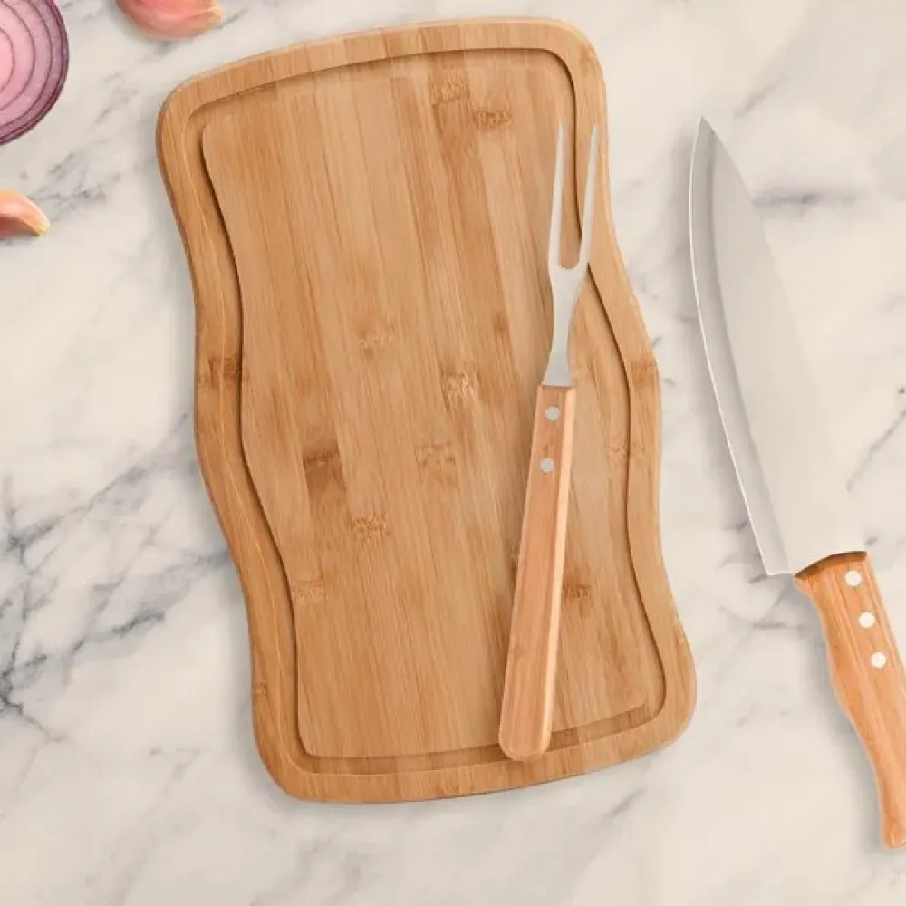 KIT CHURRASCO EM BAMBU COM TÁBUA RETANGULAR - 3 PÇS