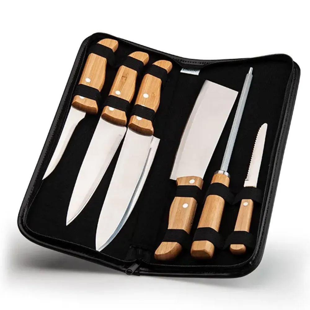 KIT DE FACAS, CHAIRA E CUTELO INOX/BAMBU COM ESTOJO 7 PÇS