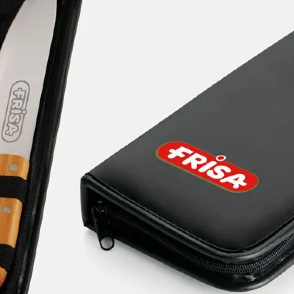 CONJ. GARFO, FACA E CHAIRA EM BAMBU / MADEIRA / INOX COM ESTOJO - 4 PÇS