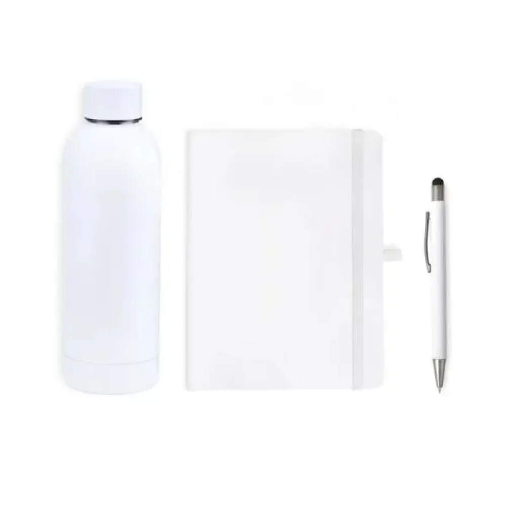 KIT GARRAFA, CADERNO E CANETA - BRANCO - 3 PÇS-KT-90357