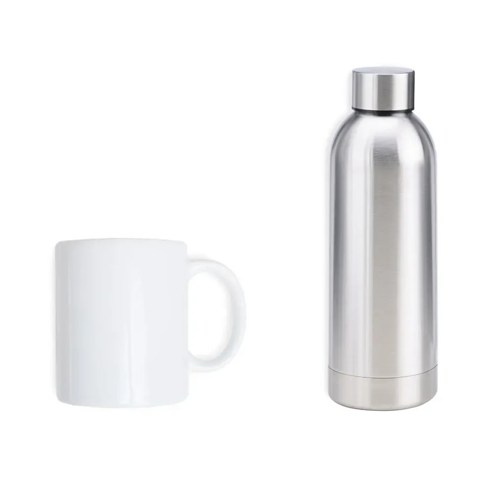 KIT GARRAFA E CANECA - PRATA/BRANCO 2 PÇS-KT-90362