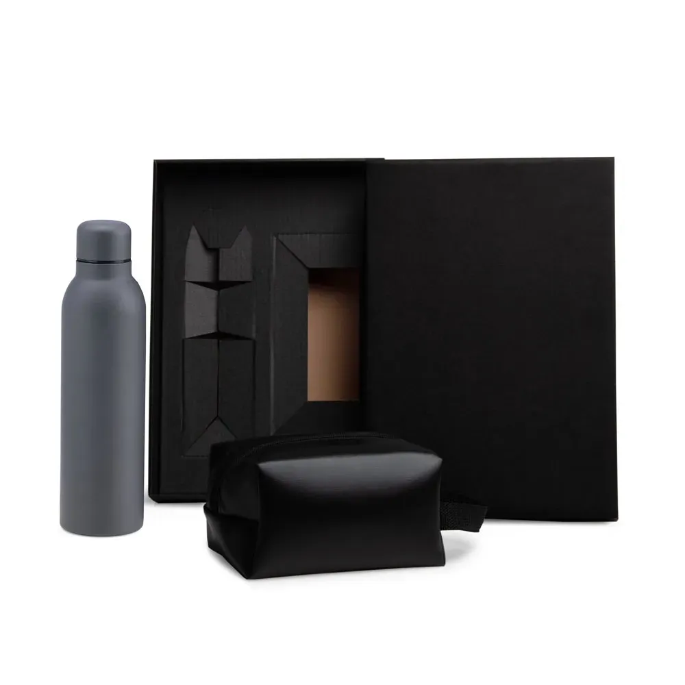 KIT GARRAFA E NECESSAIRE - CINZA/PRETO - 2 PÇS-KT-90364