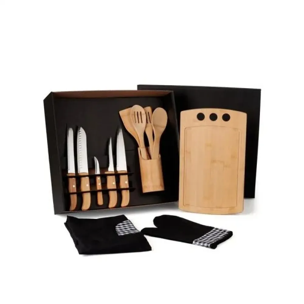 KIT GOURMET COM TÁBUA, FACAS, COLHERES - 13 PÇS-KT-9X073