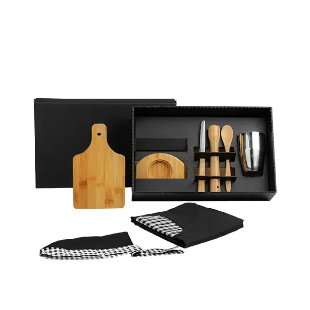 KIT PARA CAIPIRINHA EM BAMBU COM AVENTAL E COPO - 8 PÇS