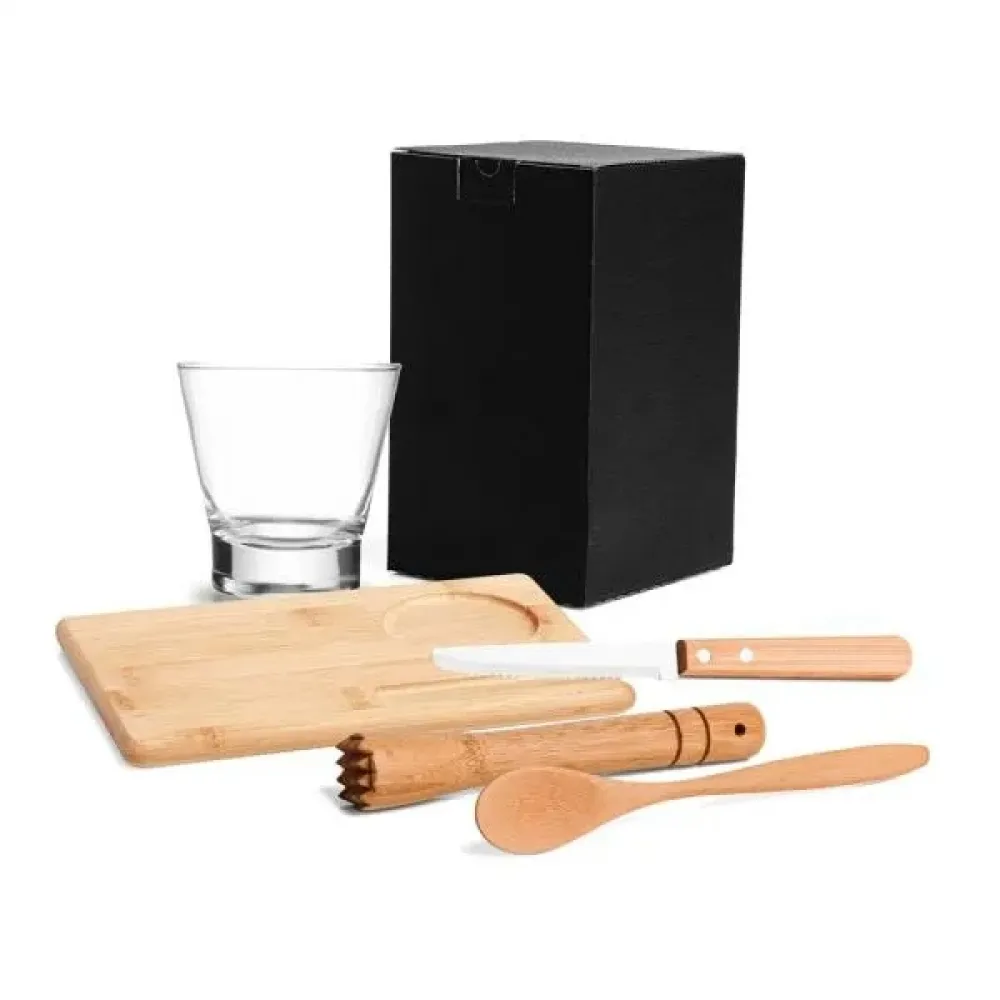 KIT PARA CAIPIRINHA EM BAMBU COM TÁBUA E SOCADOR - 5 PÇS-KC-00353