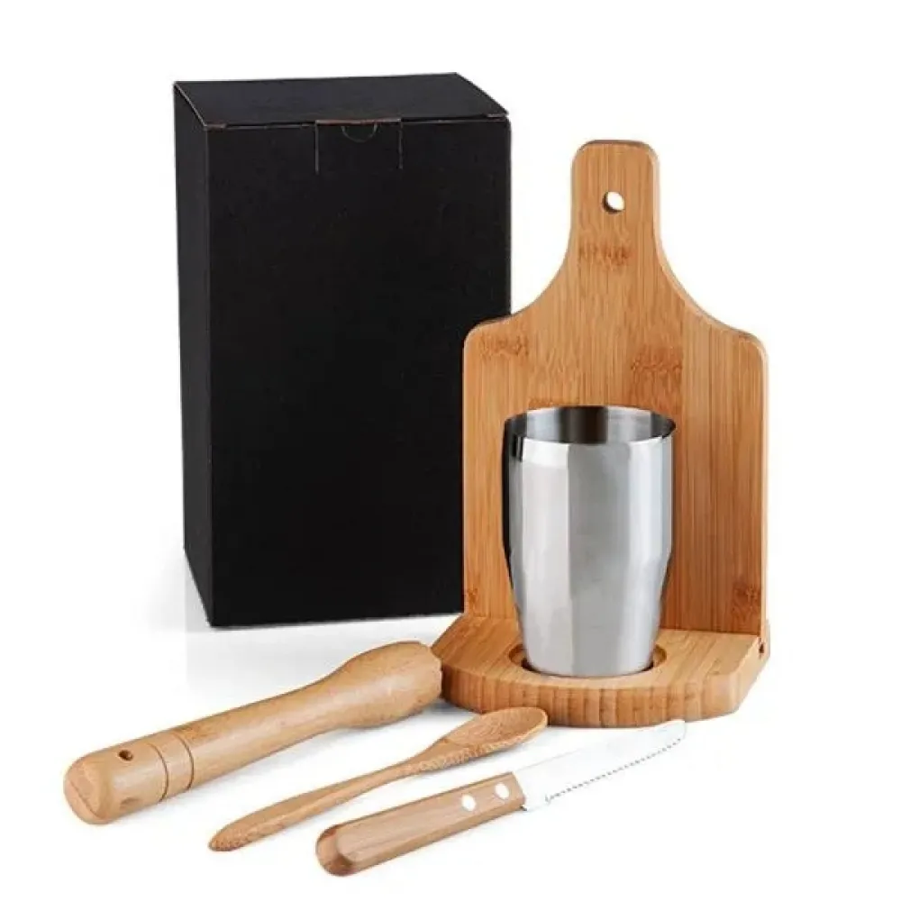 KIT PARA CAIPIRINHA EM BAMBU IBIZA COM COPO INOX - 6 PÇS