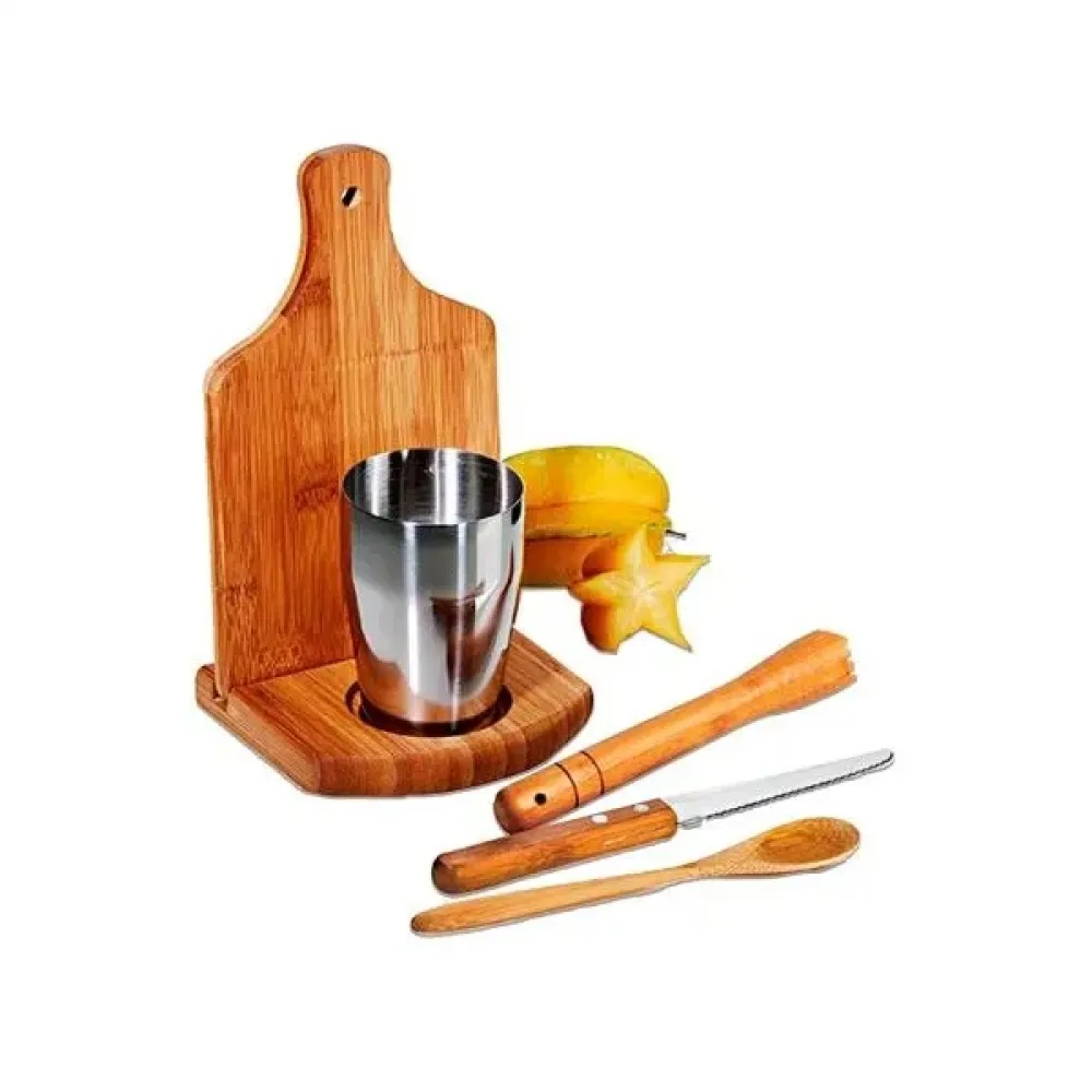 KIT PARA CAIPIRINHA EM BAMBU IBIZA COM COPO INOX - 6 PÇS