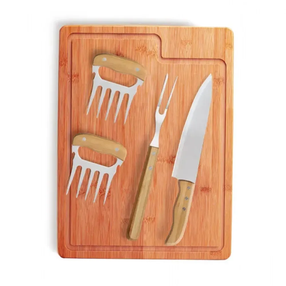 KIT PARA CHURRASCO EM BAMBU / MADEIRA / INOX - 5 PÇS