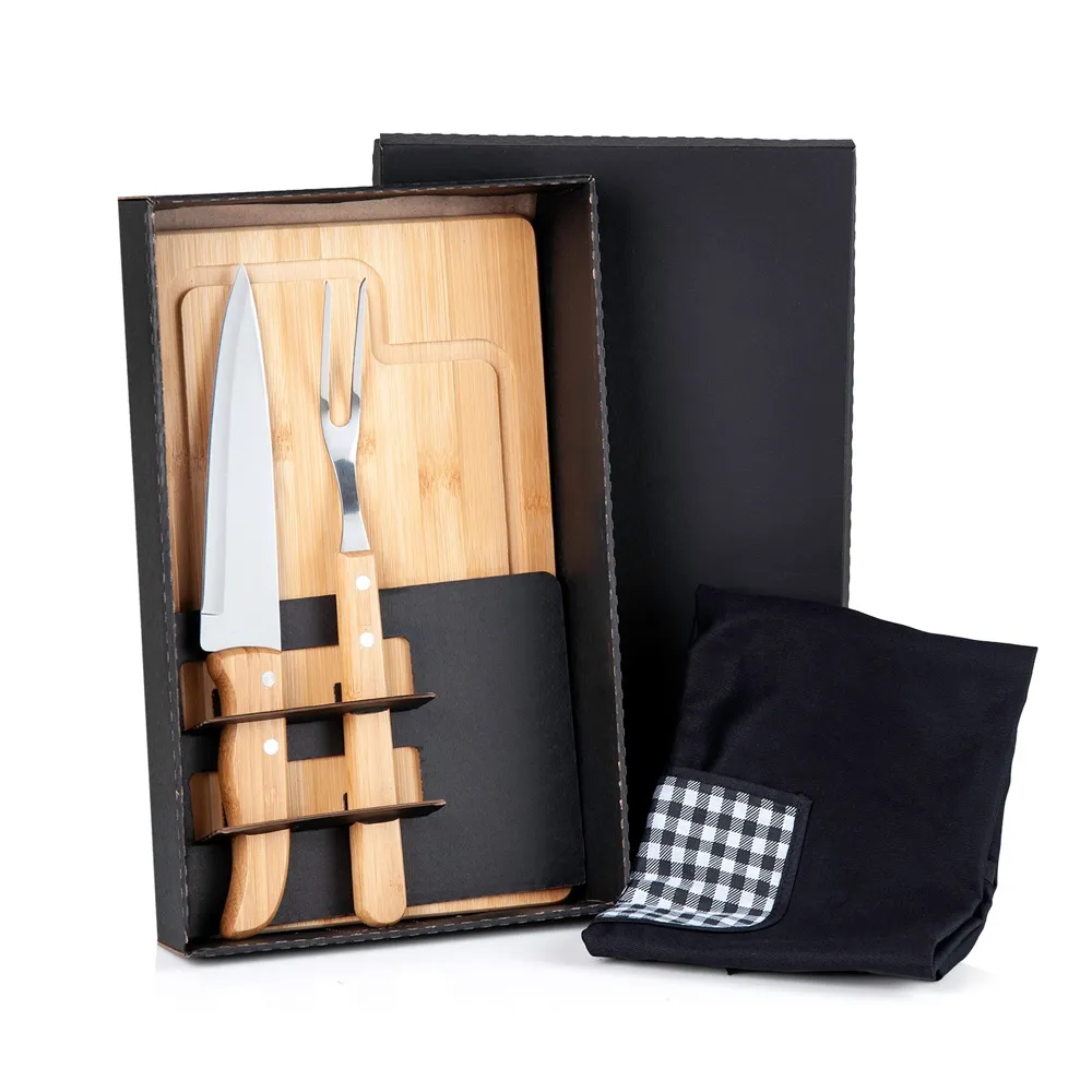 KIT PARA CHURRASCO EM BAMBU / MADEIRA / INOX COM AVENTAL - 4 PÇS