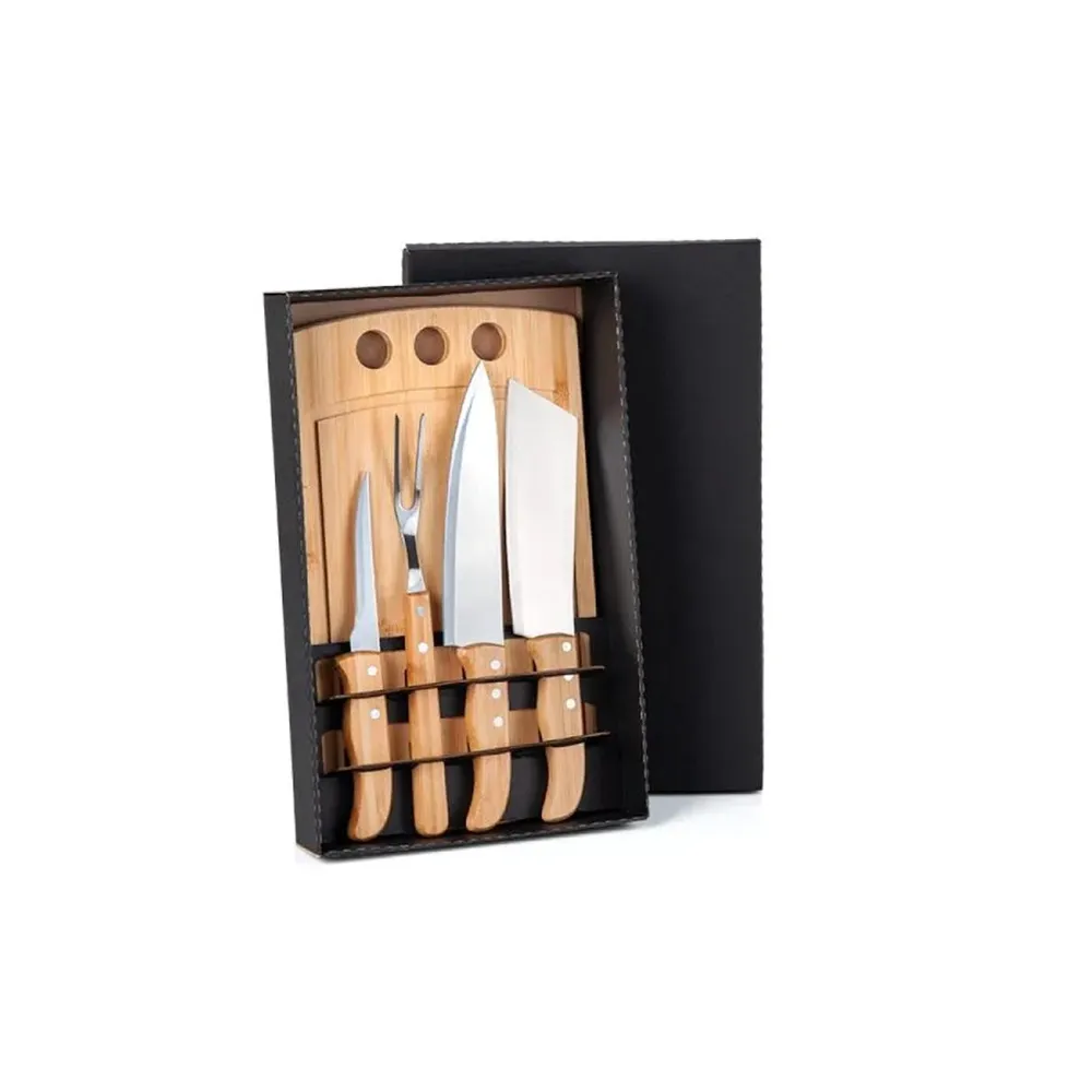 KIT PARA CHURRASCO / COZINHA EM BAMBU / MADEIRA / INOX - 5 PÇS-ME-21543