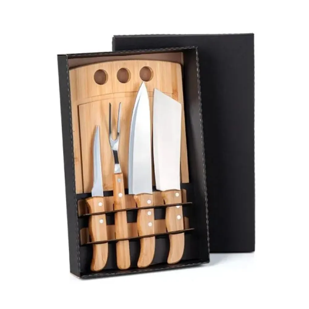 KIT PARA CHURRASCO / COZINHA EM BAMBU / MADEIRA / INOX - 5 PÇS