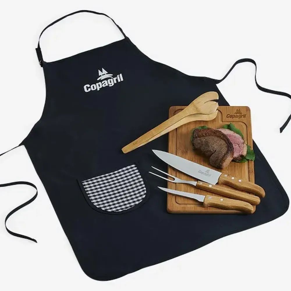 KIT PARA CHURRASCO EM BAMBU / MADEIRA / INOX COM AVENTAL - 6 PÇS