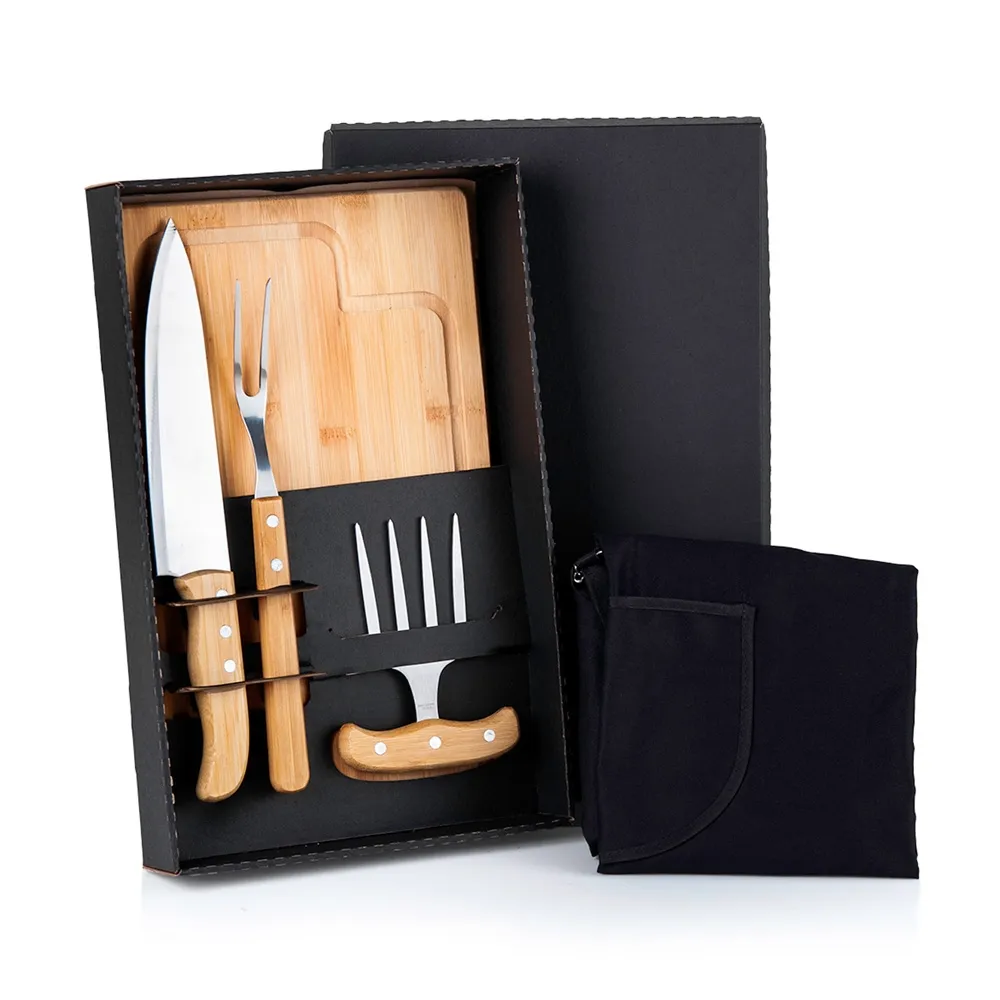 KIT PARA CHURRASCO EM BAMBU COM GARFO 4 DENTES - 5 PÇS-ME-04953