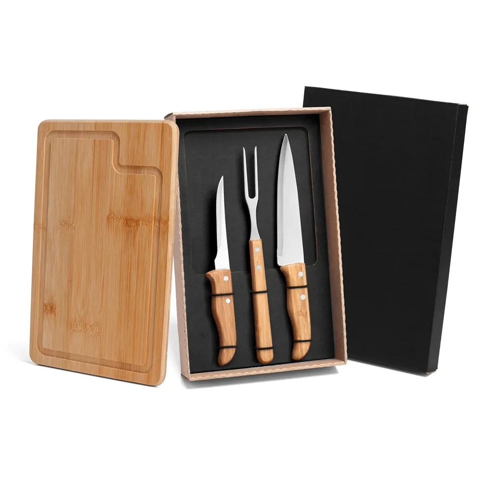 KIT PARA CHURRASCO EM BAMBU / MADEIRA / INOX - 4 PÇS