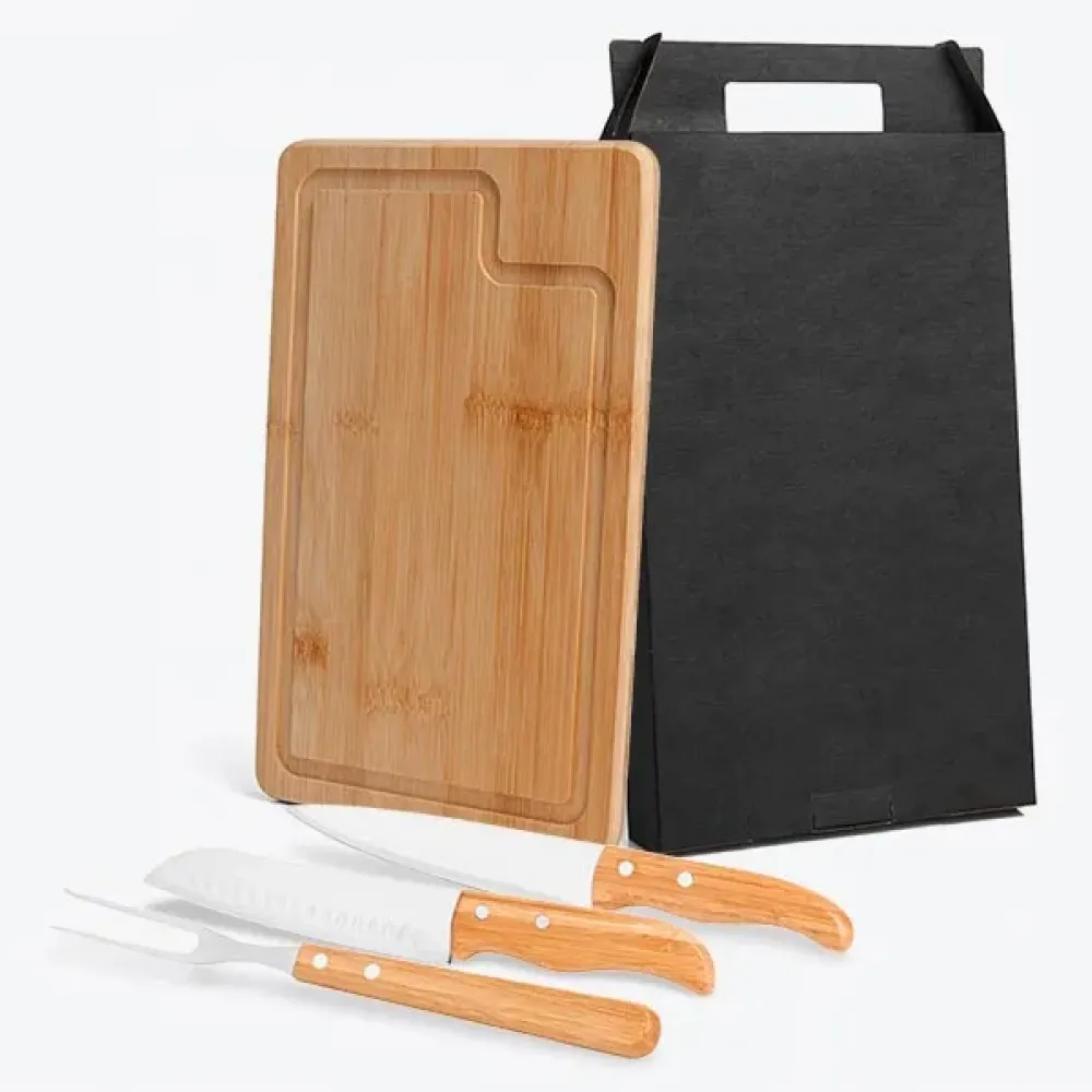 KIT PARA CHURRASCO EM BAMBU/INOX COM FACA SANTOKU – 4 PÇS