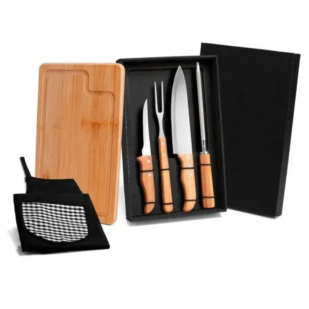 KIT PARA CHURRASCO EM BAMBU / MADEIRA / INOX COM AVENTAL - 6 PÇS